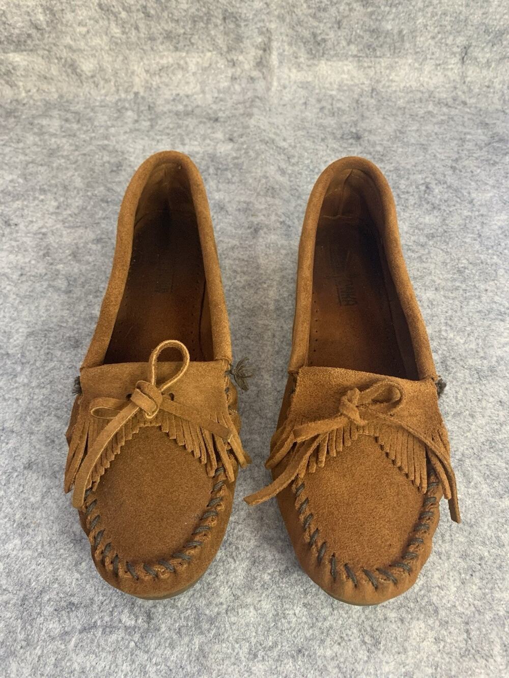 Minnetonka Moccasins Womens 10 Brown Suede Kilty Fringe Driving Loafer Shoes